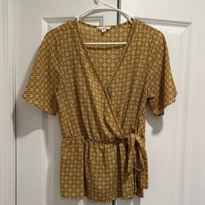 Elegant Mustard Floral Wrap Blouse